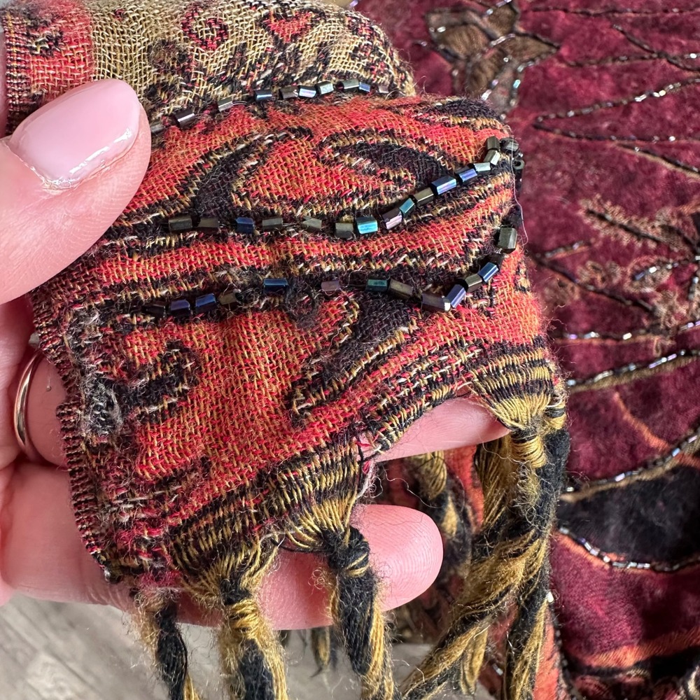 Pashmina Scarf Burgundy‎ Beaded Floral Boho Gypsy Wrap Butterflies - Picture 8 of 12